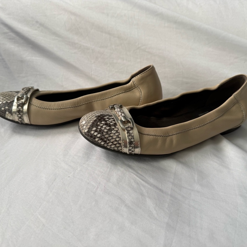AGL Tan Leather Flats Featuring Snake Print Cap Toe & Silver Tone Hardware